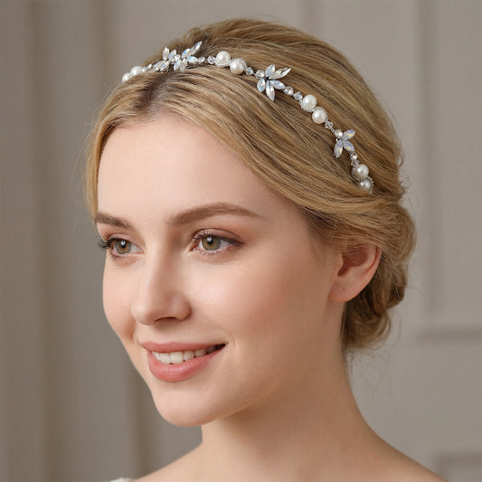 Silver Rhinestone & Pearl Slim Vine Bridal Tiara - Bridella BHP132-S