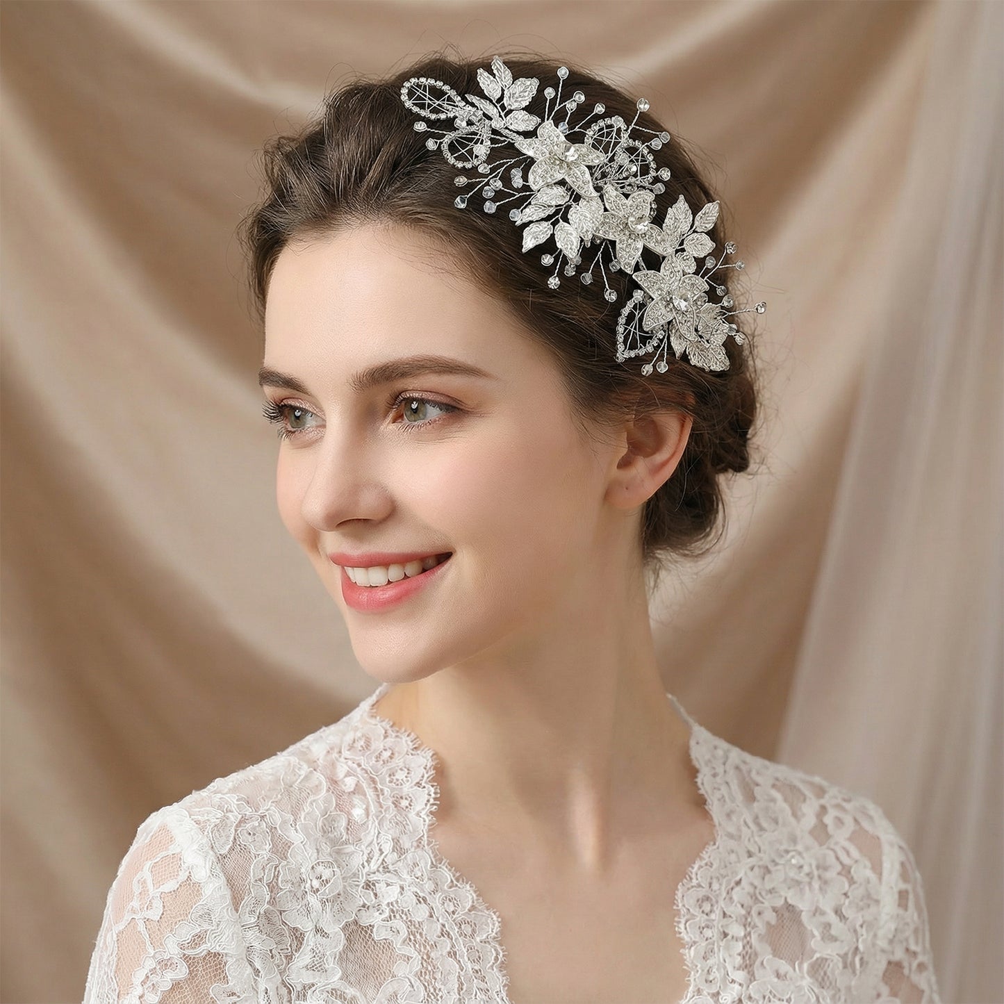 Bridella BHP282-S Silver Rhinestone & Pearl Headband
