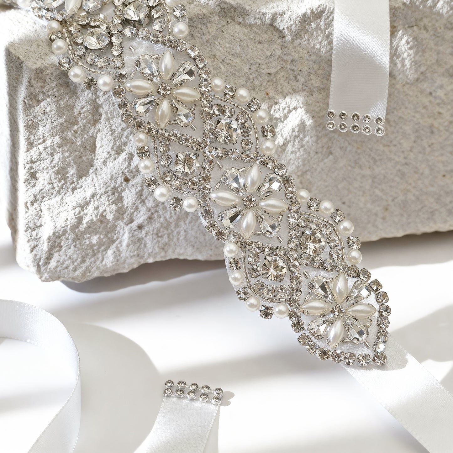 White Rhinestone & Pearl Bridal Belt Sash for Wedding - Bridella BS153