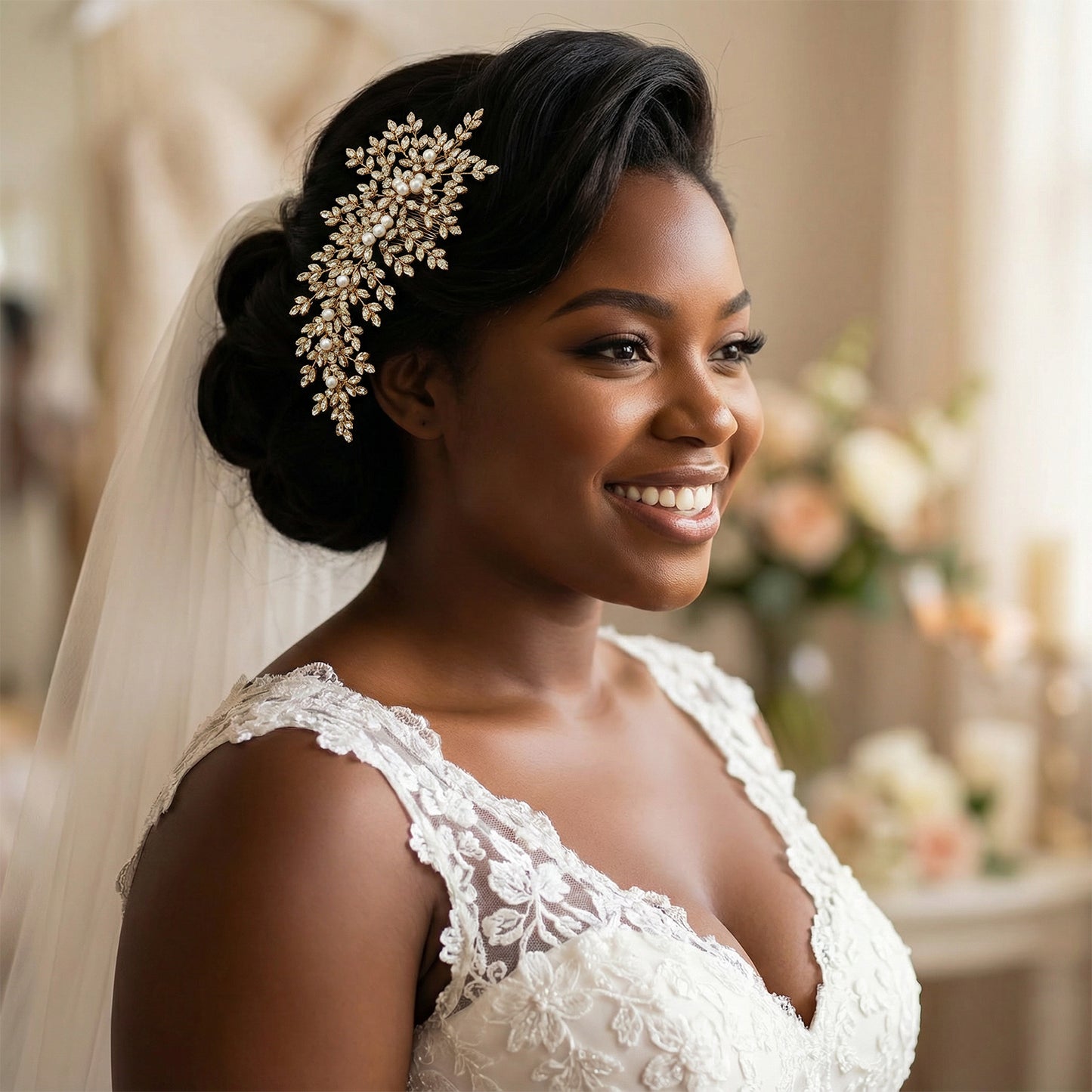 Bridella BHP434-G Gold Rhinestone & Pearl Hair Comb