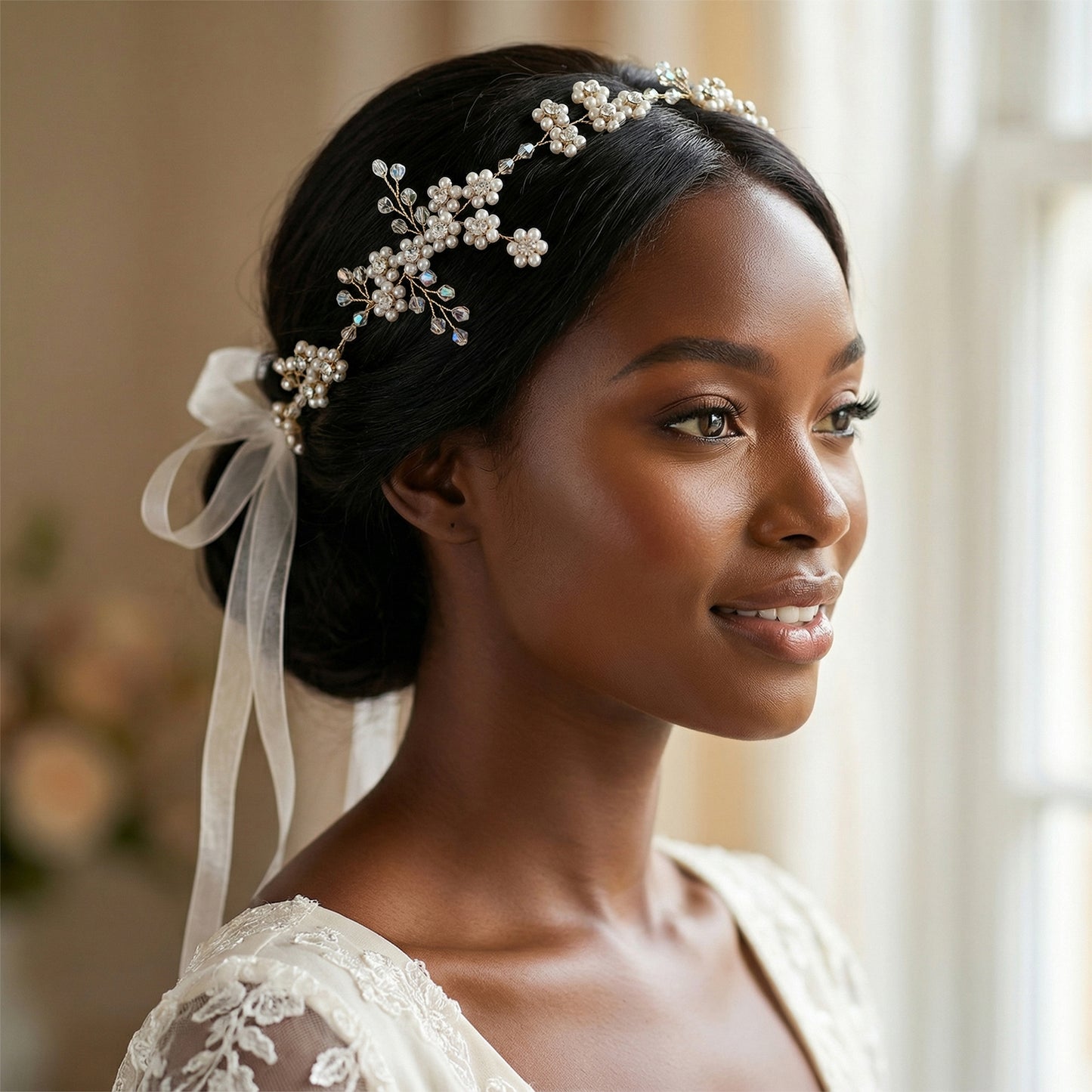 Bridella BHP129-S Silver Rhinestone & Pearl Headband