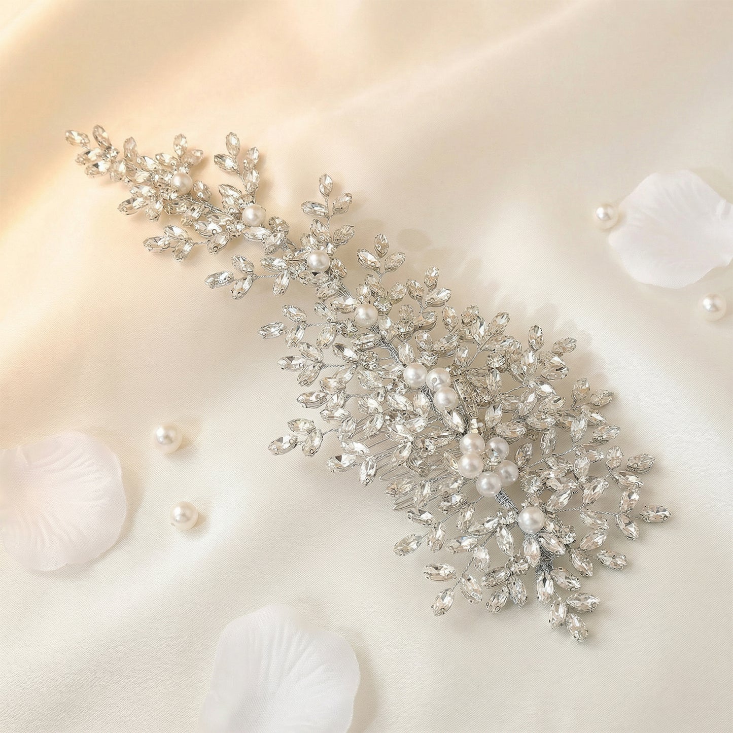 Bridella BHP434-S Silver Rhinestone & Pearl Hair Comb