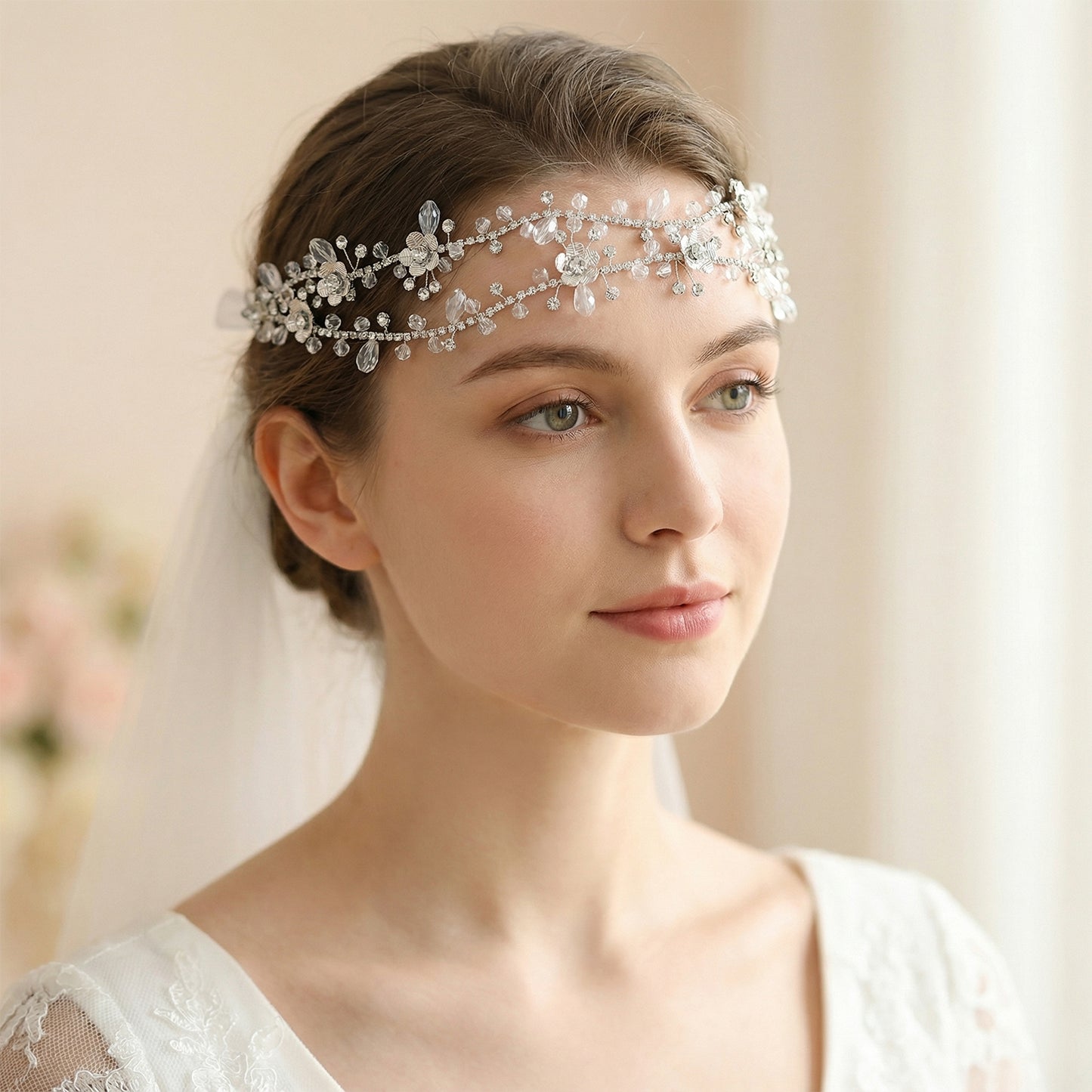 Bridella BHP340-S Silver Rhinestone & Pearl Headband