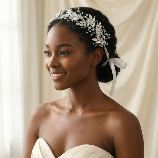 Bridella BHP272-S Silver Rhinestone & Pearl Headband