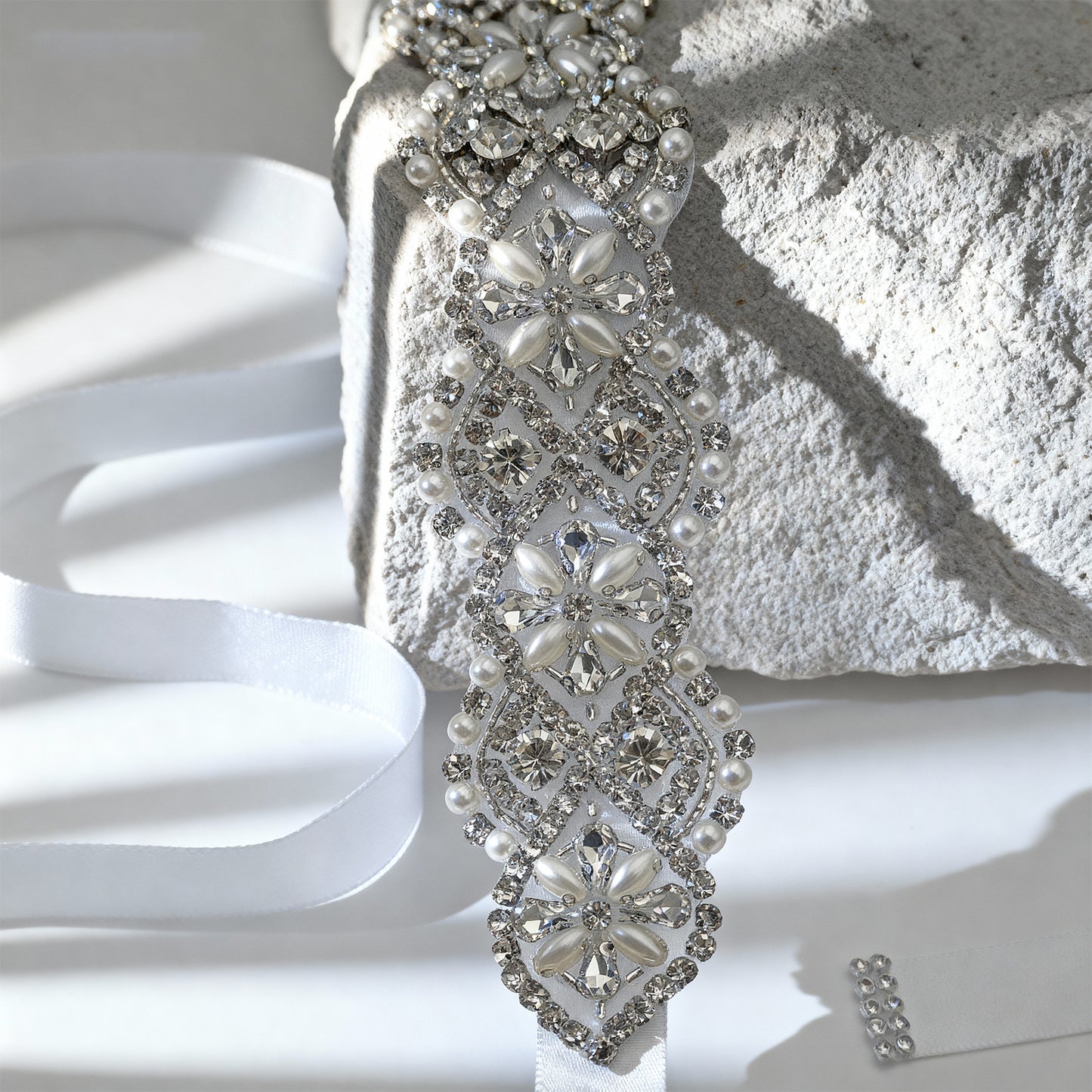 Bridella BS153 White Rhinestone & Pearl Belt