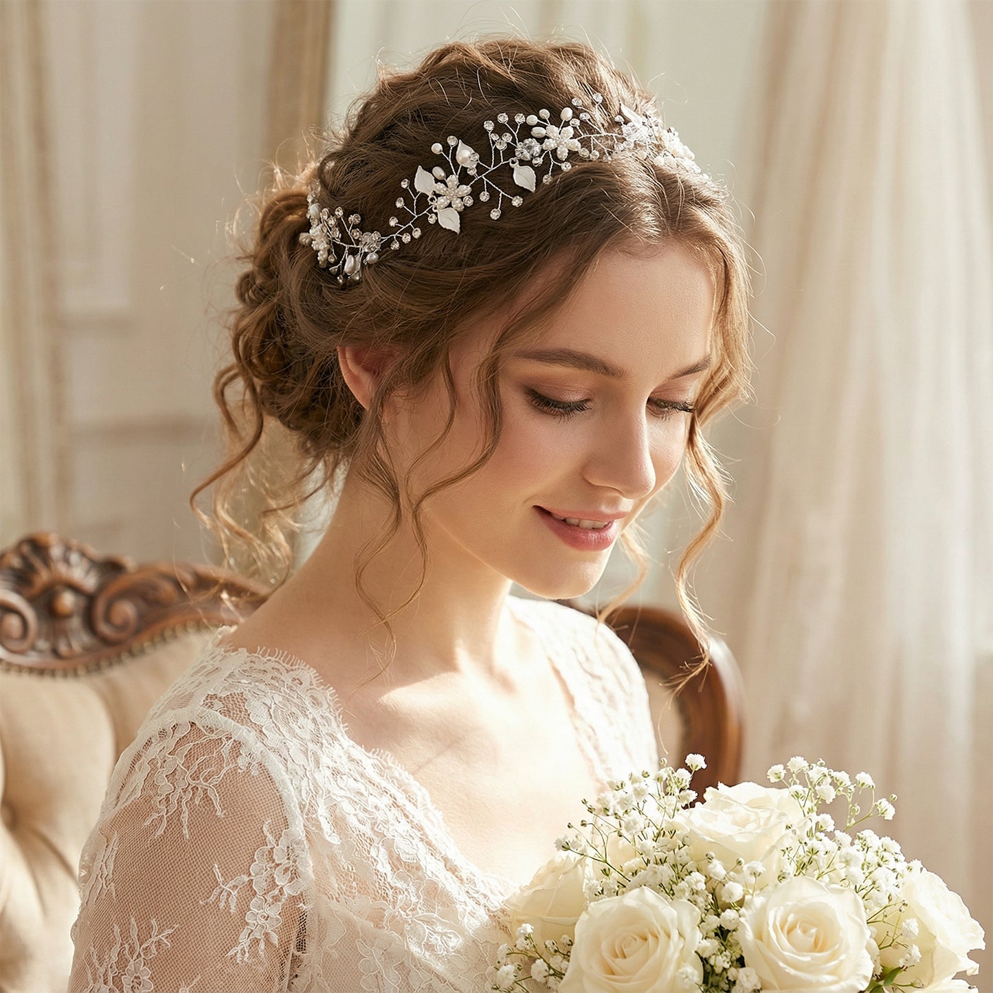 Bridella BHP236-S Silver Rhinestone & Pearl Headband