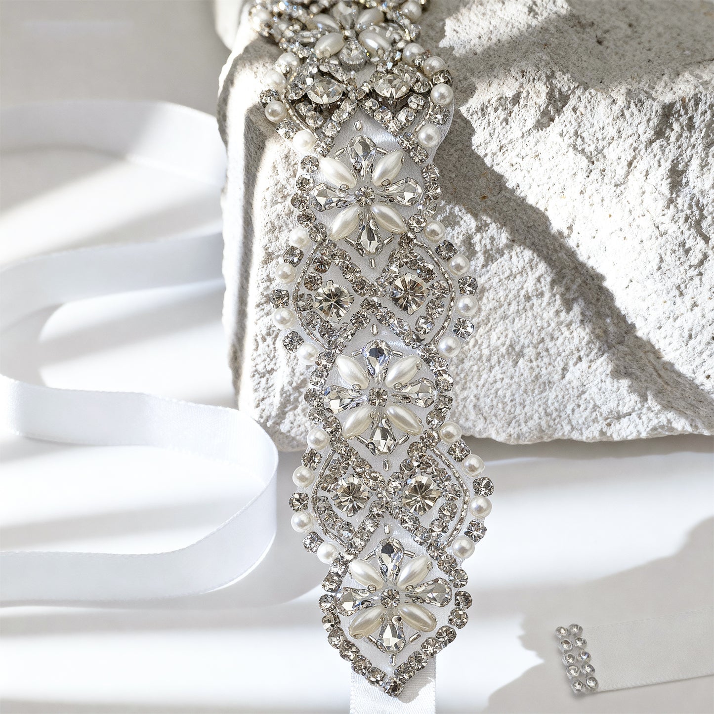 White Rhinestone & Pearl Bridal Belt Sash for Wedding - Bridella BS153