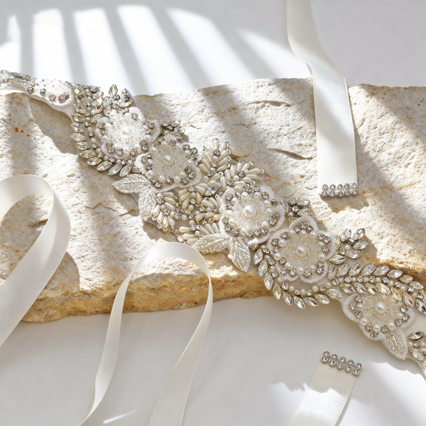 Off White Rhinestone Pearl Bridal Belt Wedding Sash - Bridella BS83