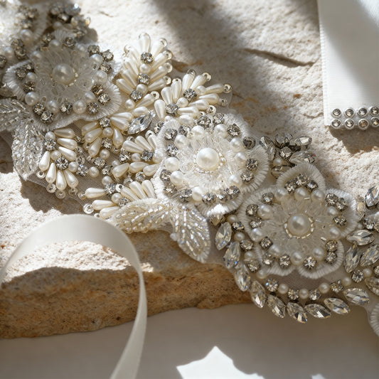 Bridella BS83 Off White Rhinestone & Pearl Belt