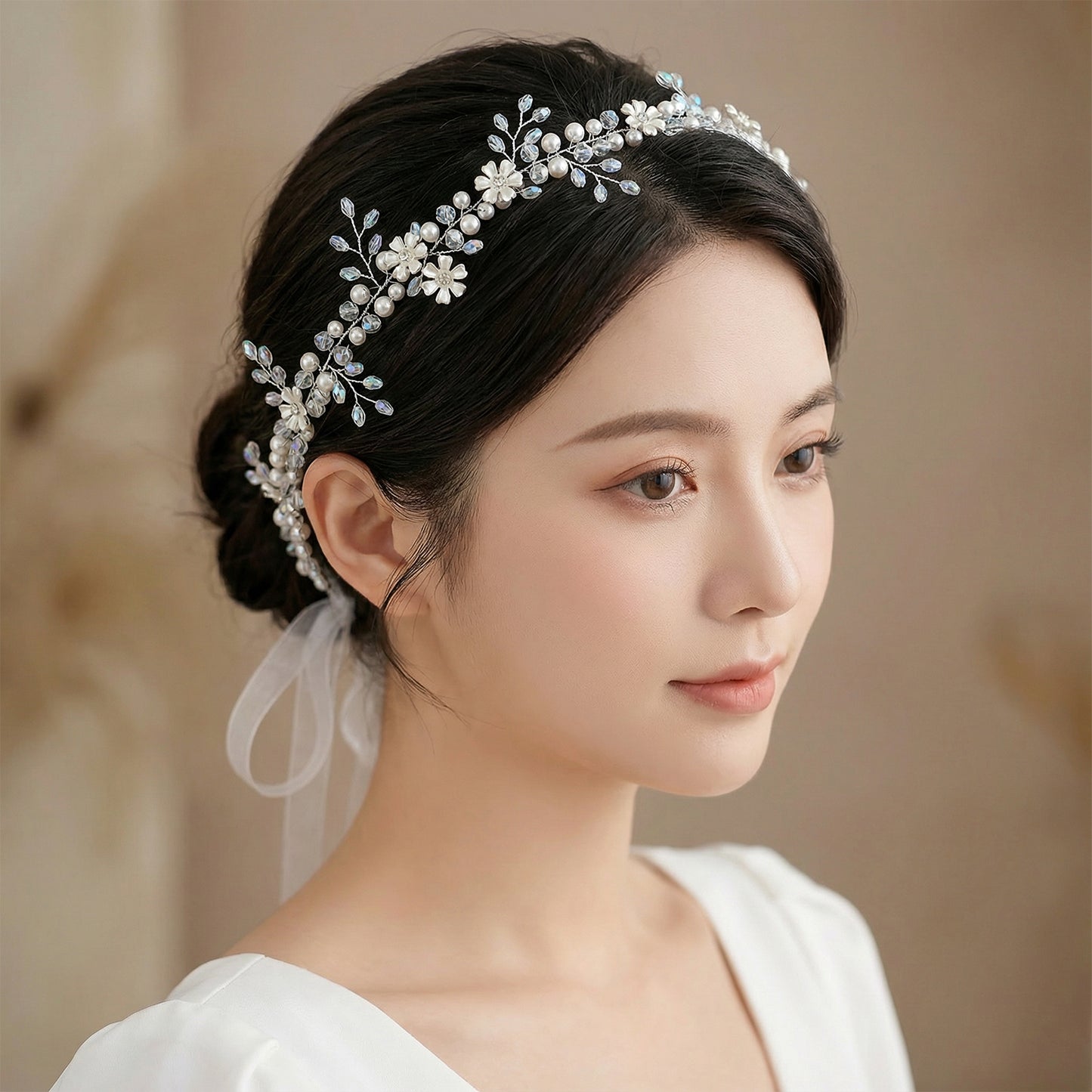 Bridella BHP347-S Silver Rhinestone & Pearl Headband