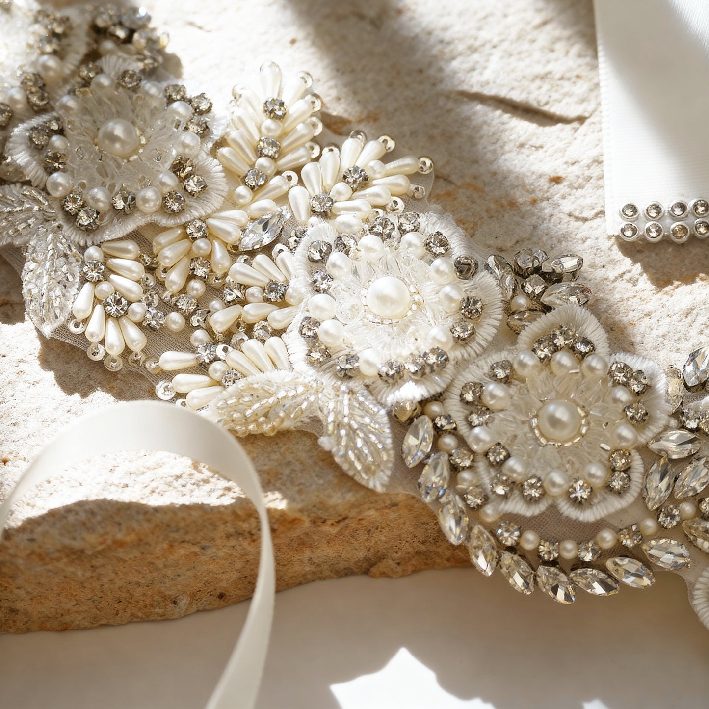 Off White Rhinestone Pearl Bridal Belt Wedding Sash - Bridella BS83
