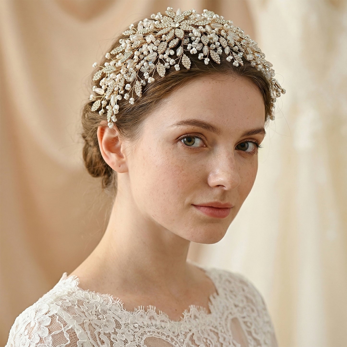 Bridella BHP377-G Gold Rhinestone & Pearl Crown