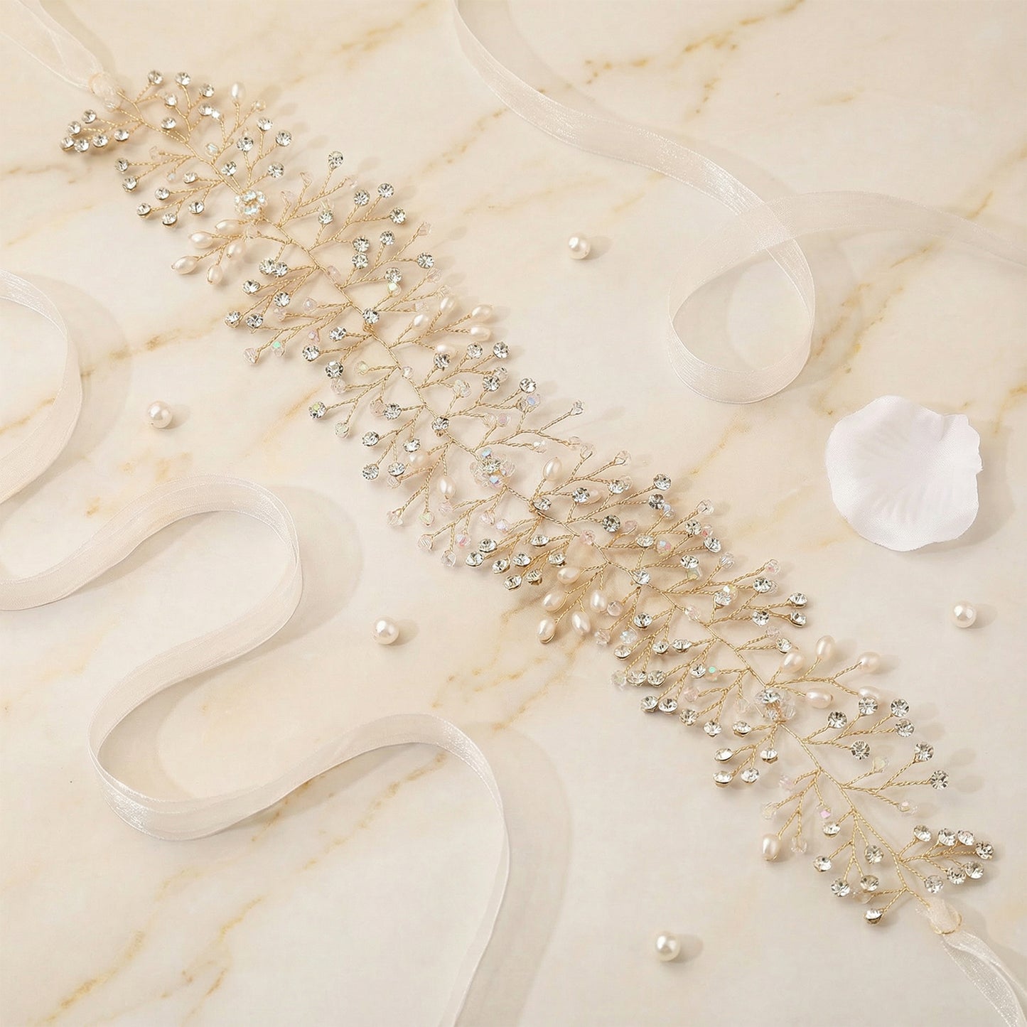 Bridella BHP10-G Gold Rhinestone & Pearl Tiara