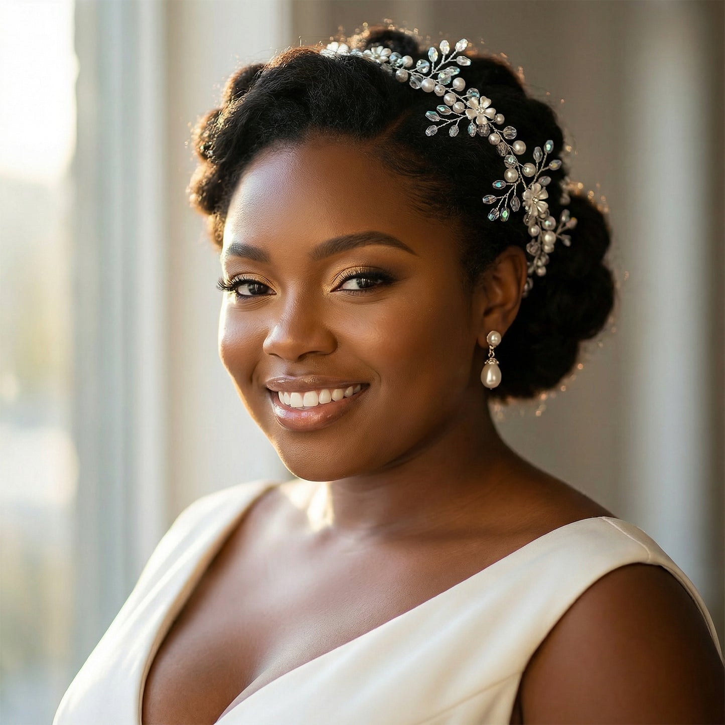 Bridella BHP347-S Silver Rhinestone & Pearl Headband