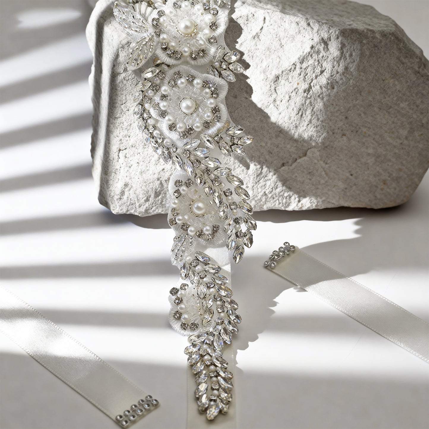 Off White Rhinestone Pearl Bridal Belt Wedding Sash - Bridella BS83