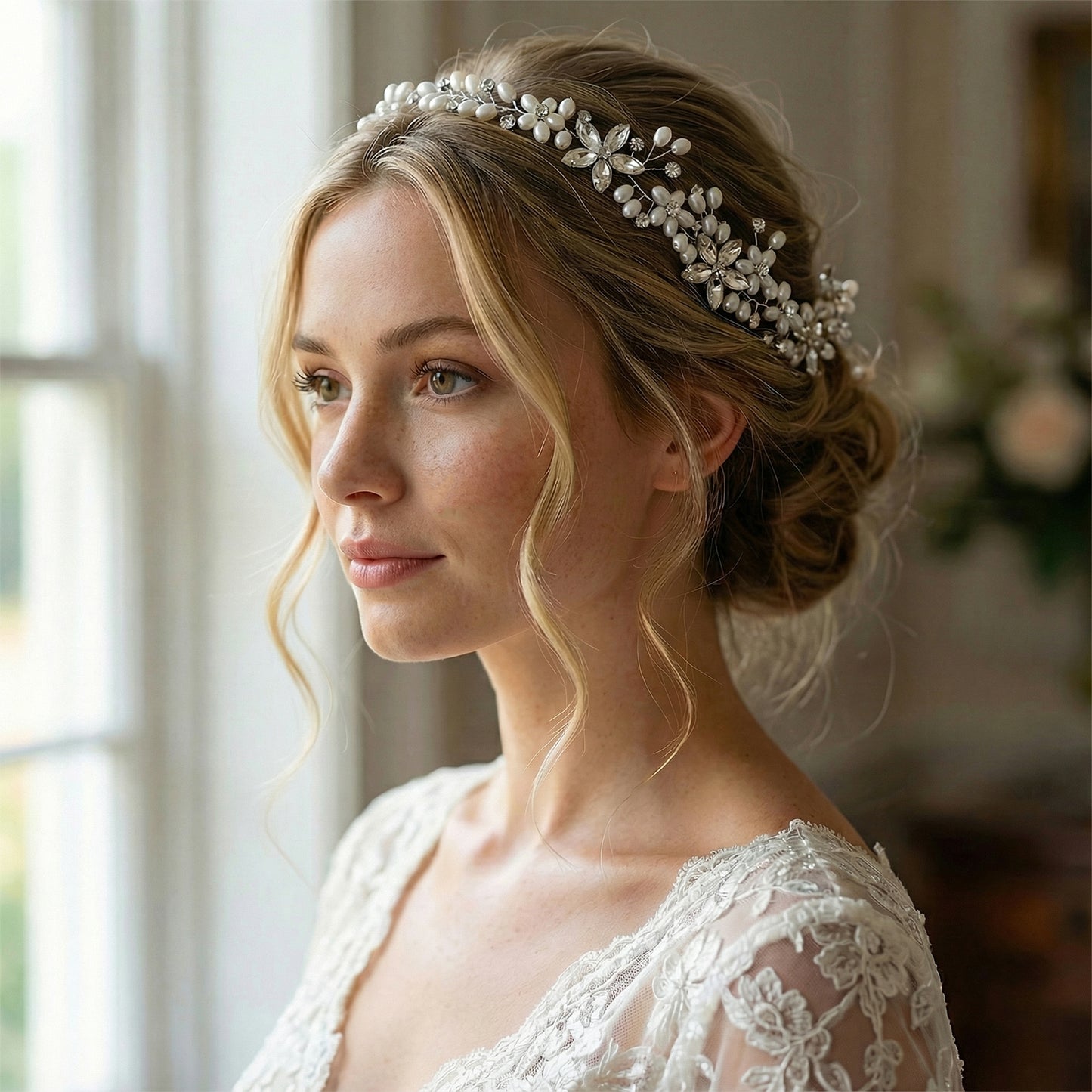 Bridella BHP128 Silver Rhinestone & Pearl Tiara
