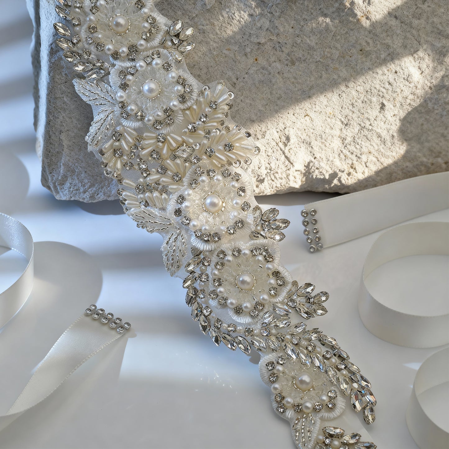 Bridella BS83 Off White Rhinestone & Pearl Belt