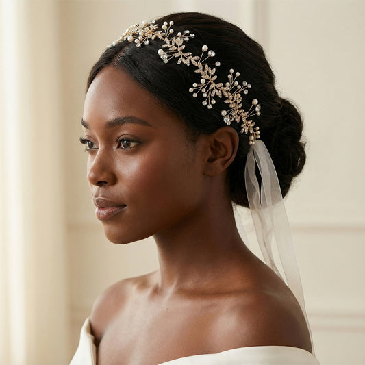 Bridella BHP233-G Gold Rhinestone & Pearl Headband