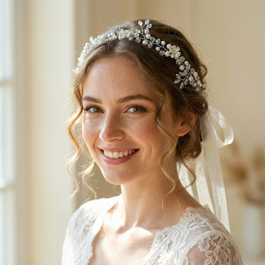 Bridella BHP347-S Silver Rhinestone & Pearl Headband