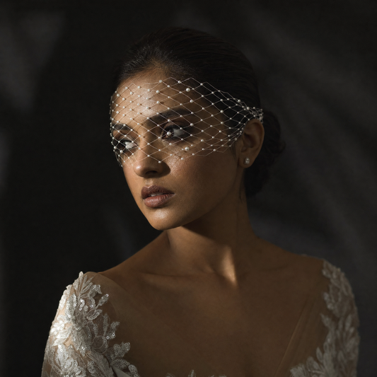 White Pearl Mesh Bridal Tiara Wedding Headpiece - Bridella BMA52