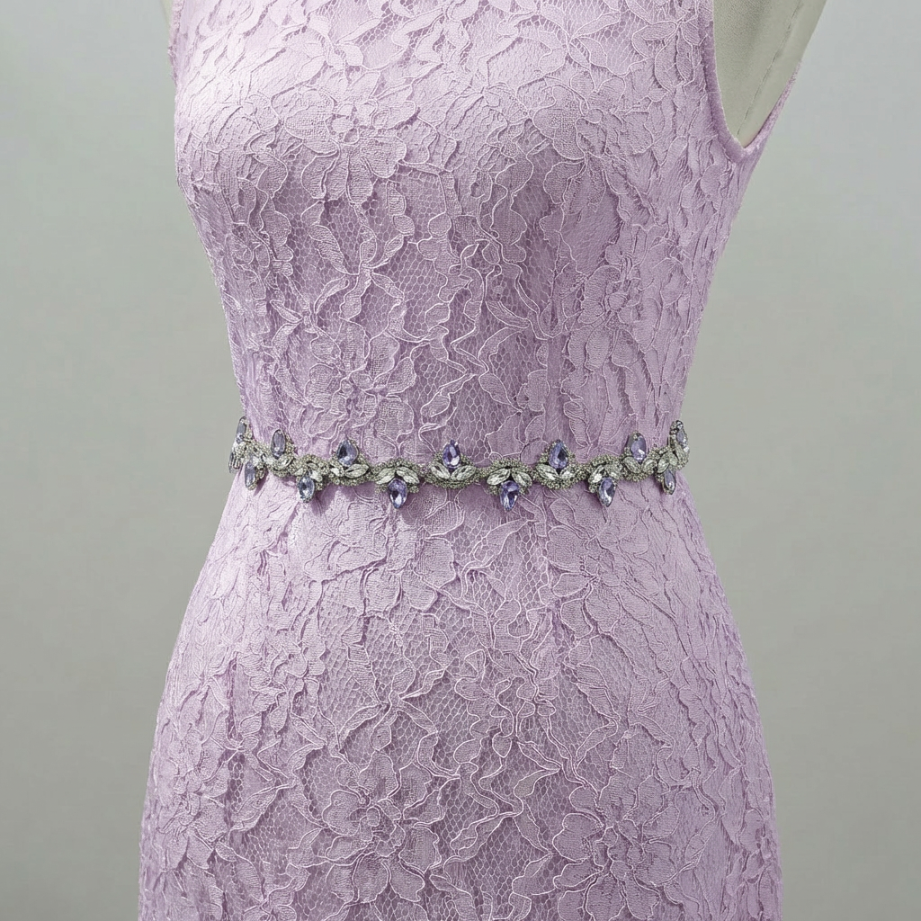Lavender Rhinestone Bridal Belt with Black Ribbon Waist Sash Bridella BS211-LA