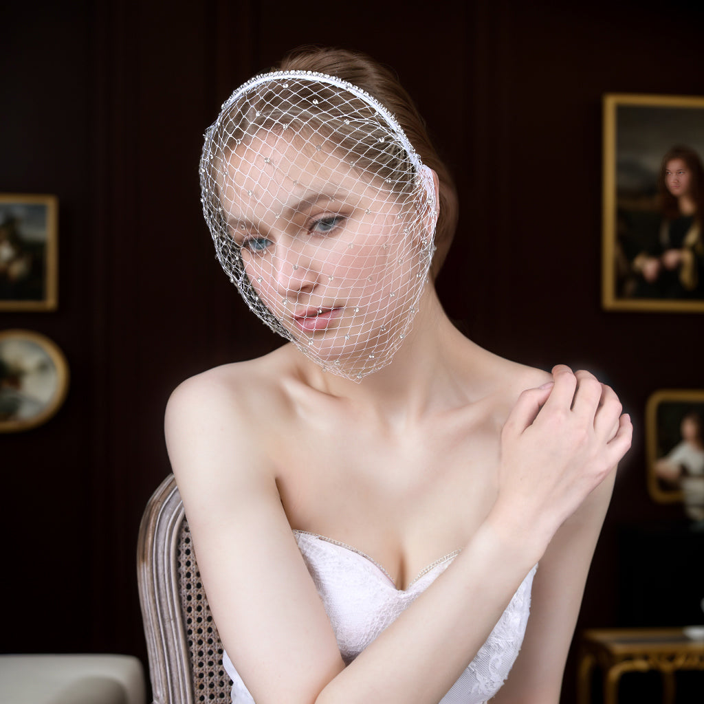 Vintage Rhinestone Birdcage Veil Bridal Face Veil Short Wedding Veil White - Bridella VA09-W