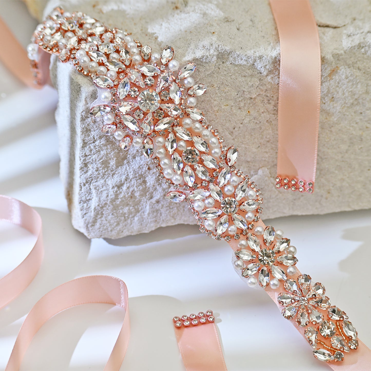 Bridella BS445RG-Retro Pink Rose Gold Rhinestone Pearl Belt