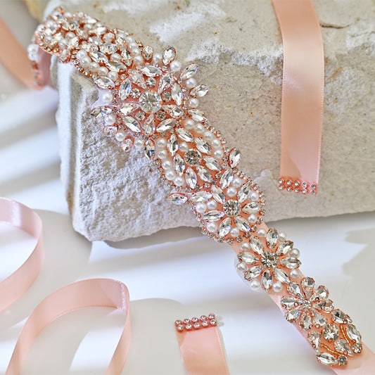 Bridella BS445RG-Retro Pink Rose Gold Rhinestone Pearl Belt