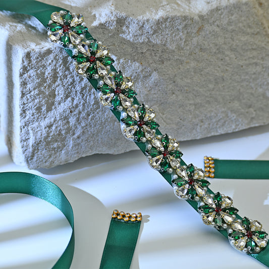 Bridella BS205-Green Ribbon Rhinestone & Pearl Belt