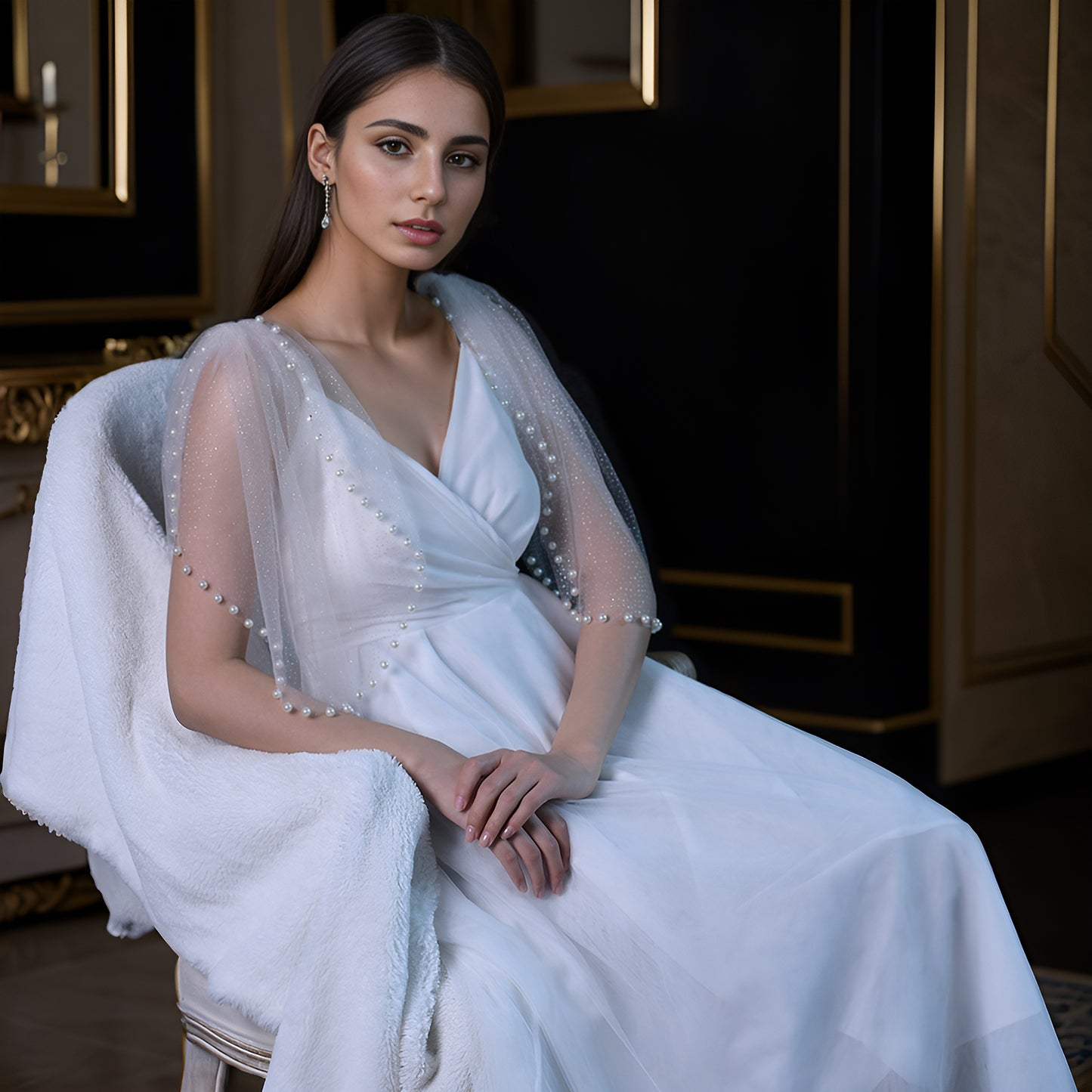 Ivory Starlight Mesh Bridal Shawl Sleeves Wedding Wrap BVG40A-XI Bridella