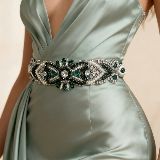 BS208KL emerald rhinestone pearl belt