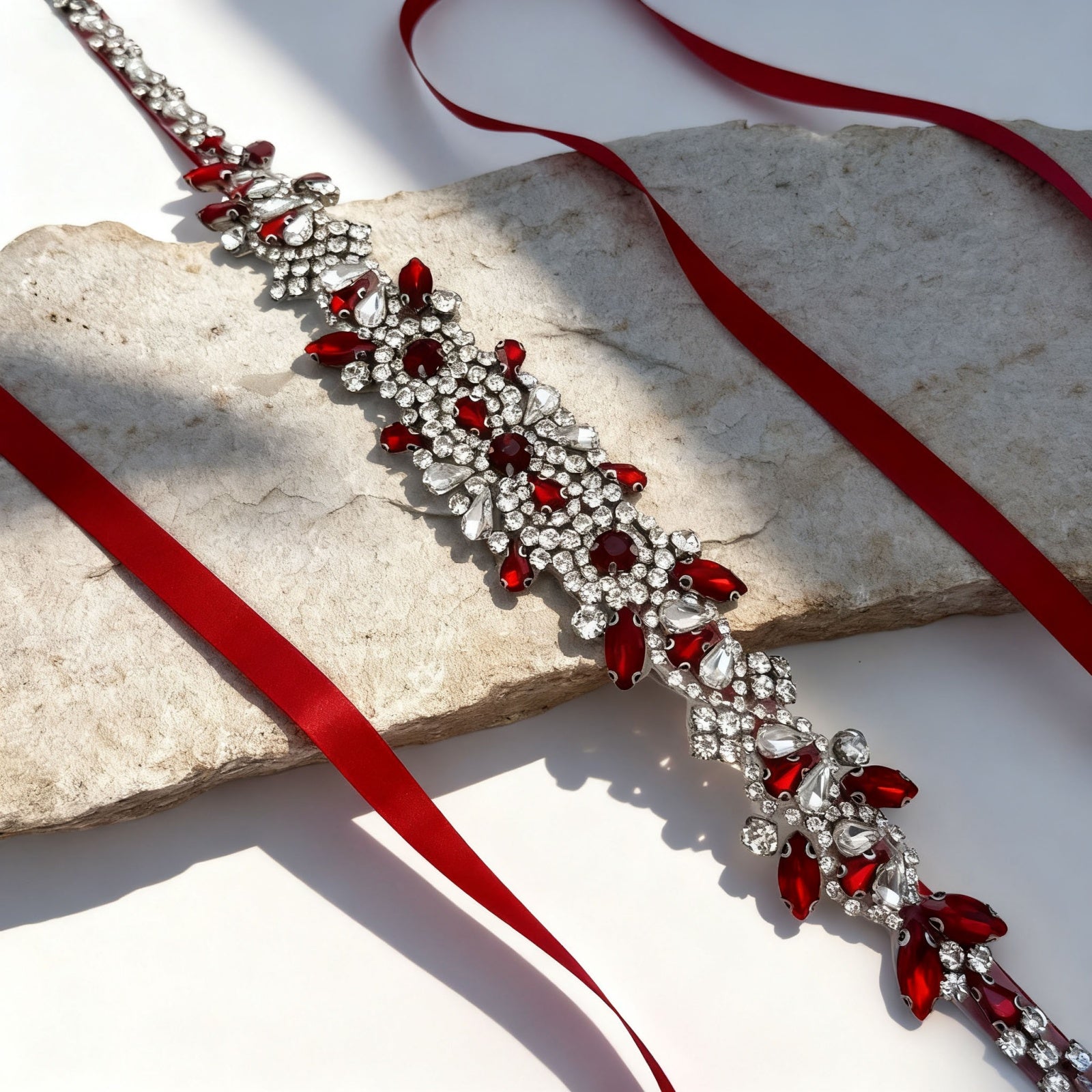 BS51R-Red Ribbon burgundy rhinestone belt