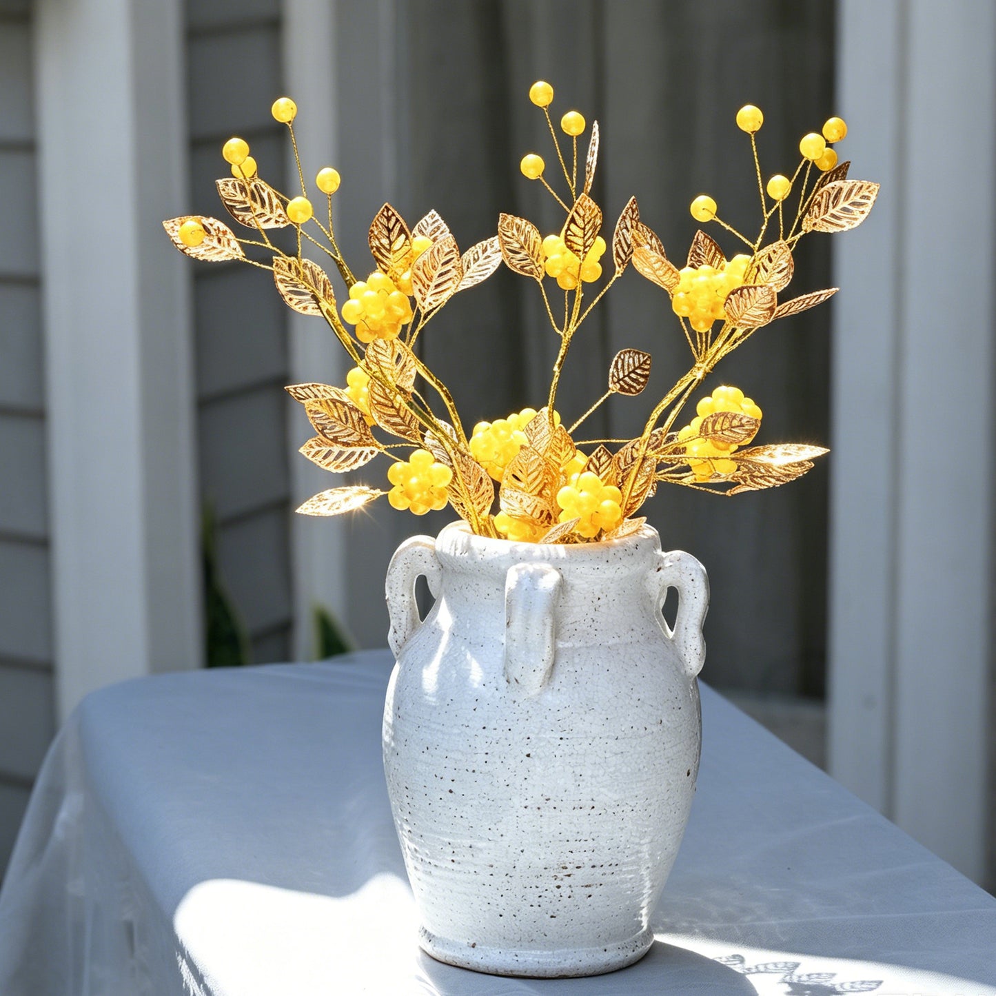Golden Artificial Berry Stem with Metallic Leaves, Faux Red/Yellow Berry Picks K103
