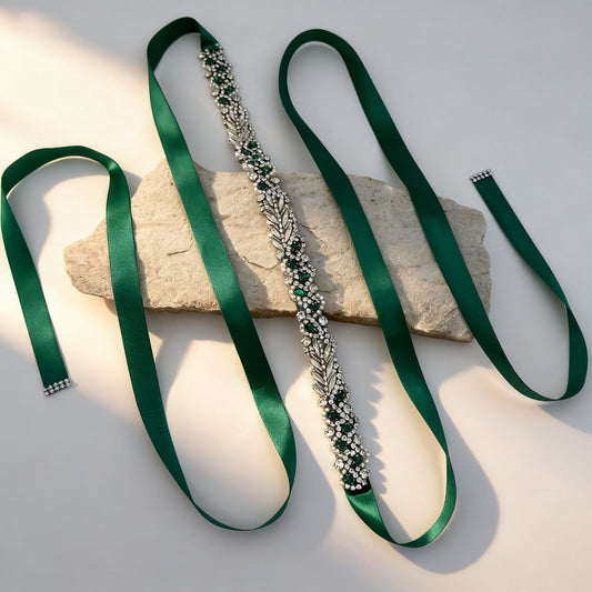 BS100KL-Green Ribbon emerald rhinestone pearl belt