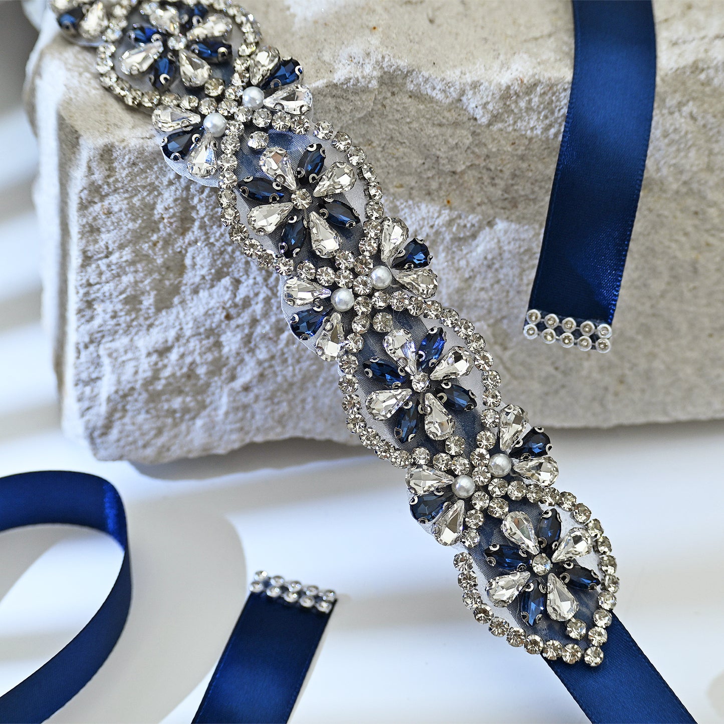 Navy Rhinestone Pearl Bridal Belt Wedding Sash – Bridella BS161ML