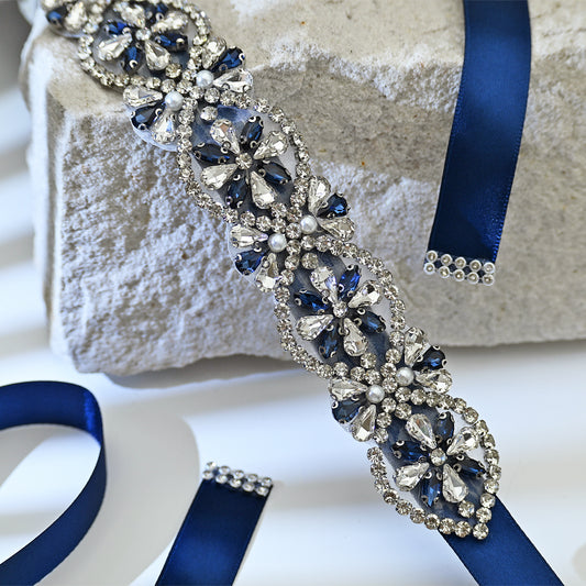 Navy Rhinestone Pearl Bridal Belt Wedding Sash – Bridella BS161ML