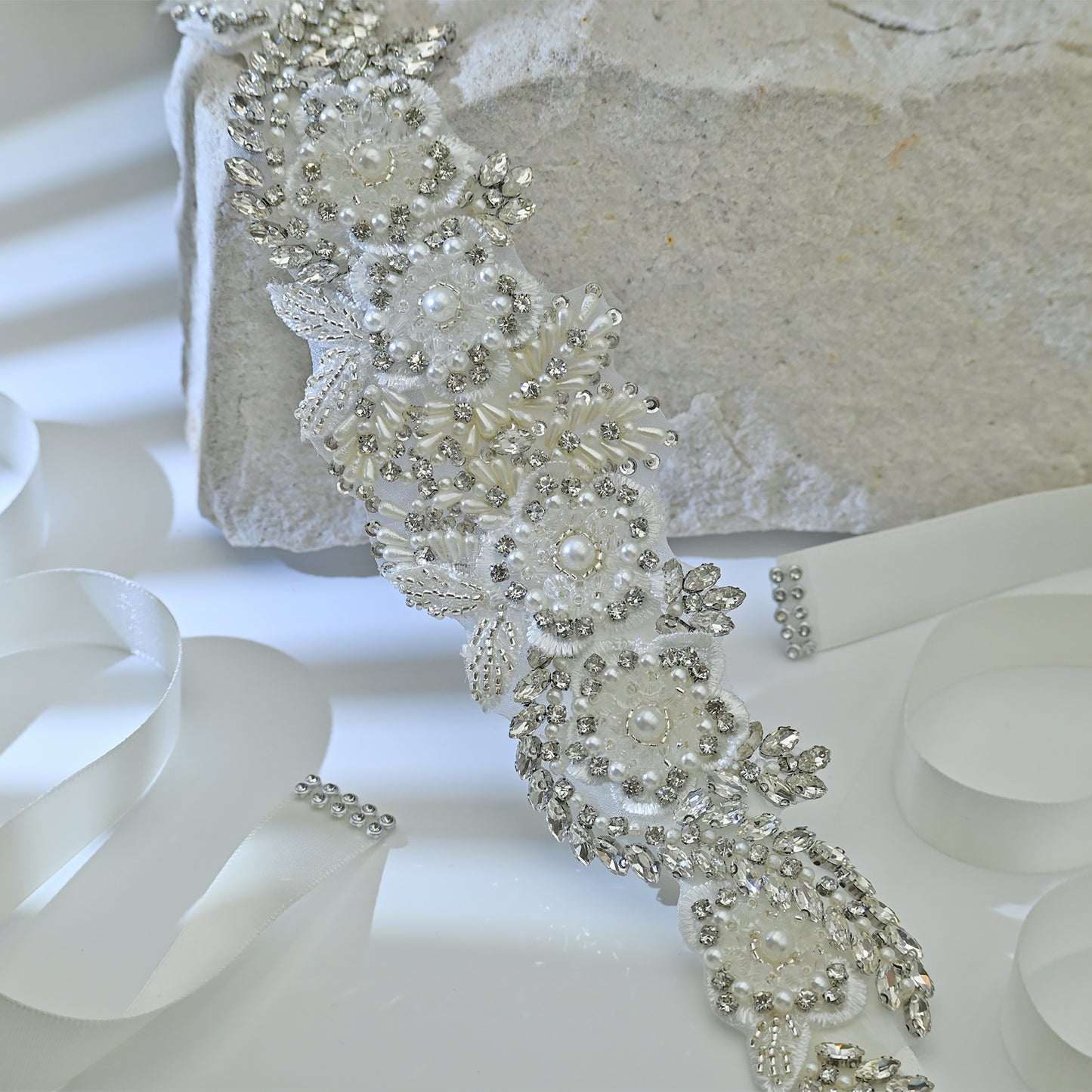 Bridella BS83 Off White Rhinestone & Pearl Belt