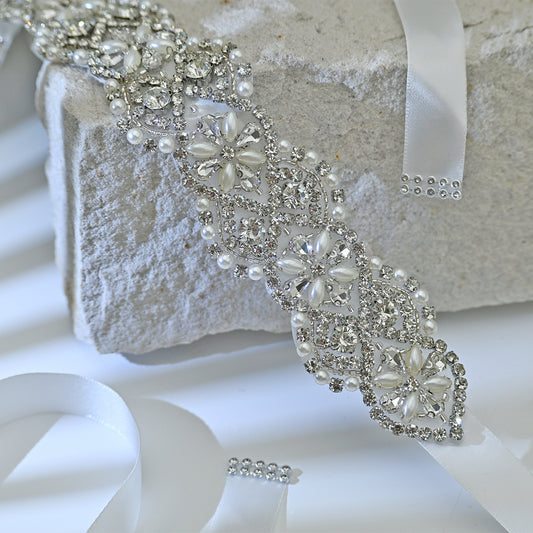 Bridella BS153 White Rhinestone & Pearl Belt