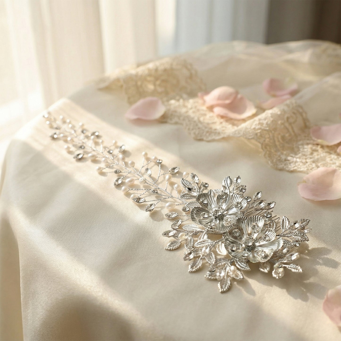 Bridella BHP511-S Silver Rhinestone & Pearl Hair Comb