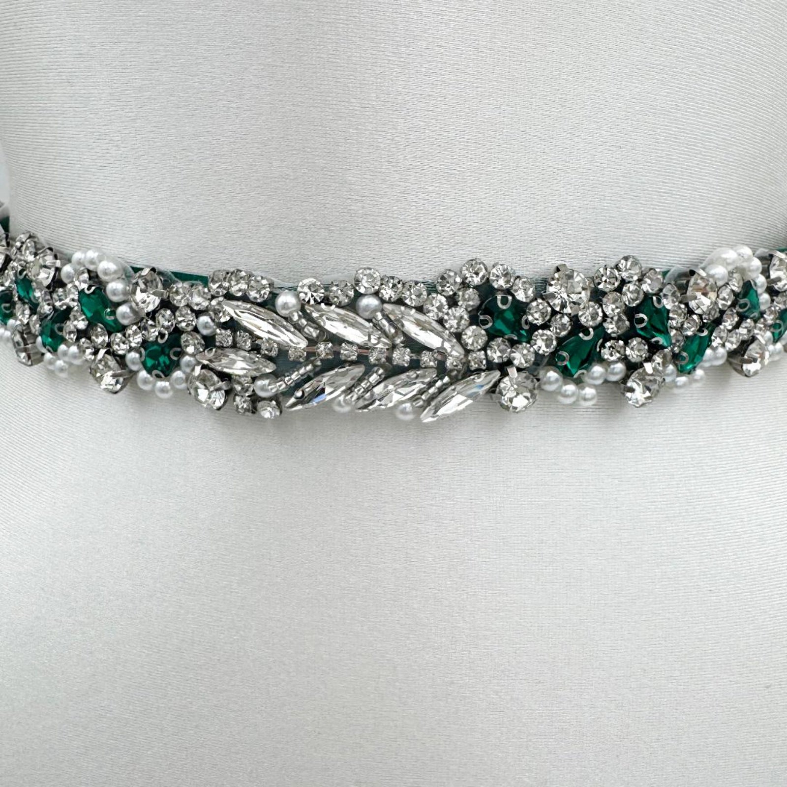 BS100KL-Green Ribbon emerald rhinestone pearl belt