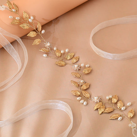 Gold Pearl & Alloy Leaf Bridal Headband - Bridella BHP110