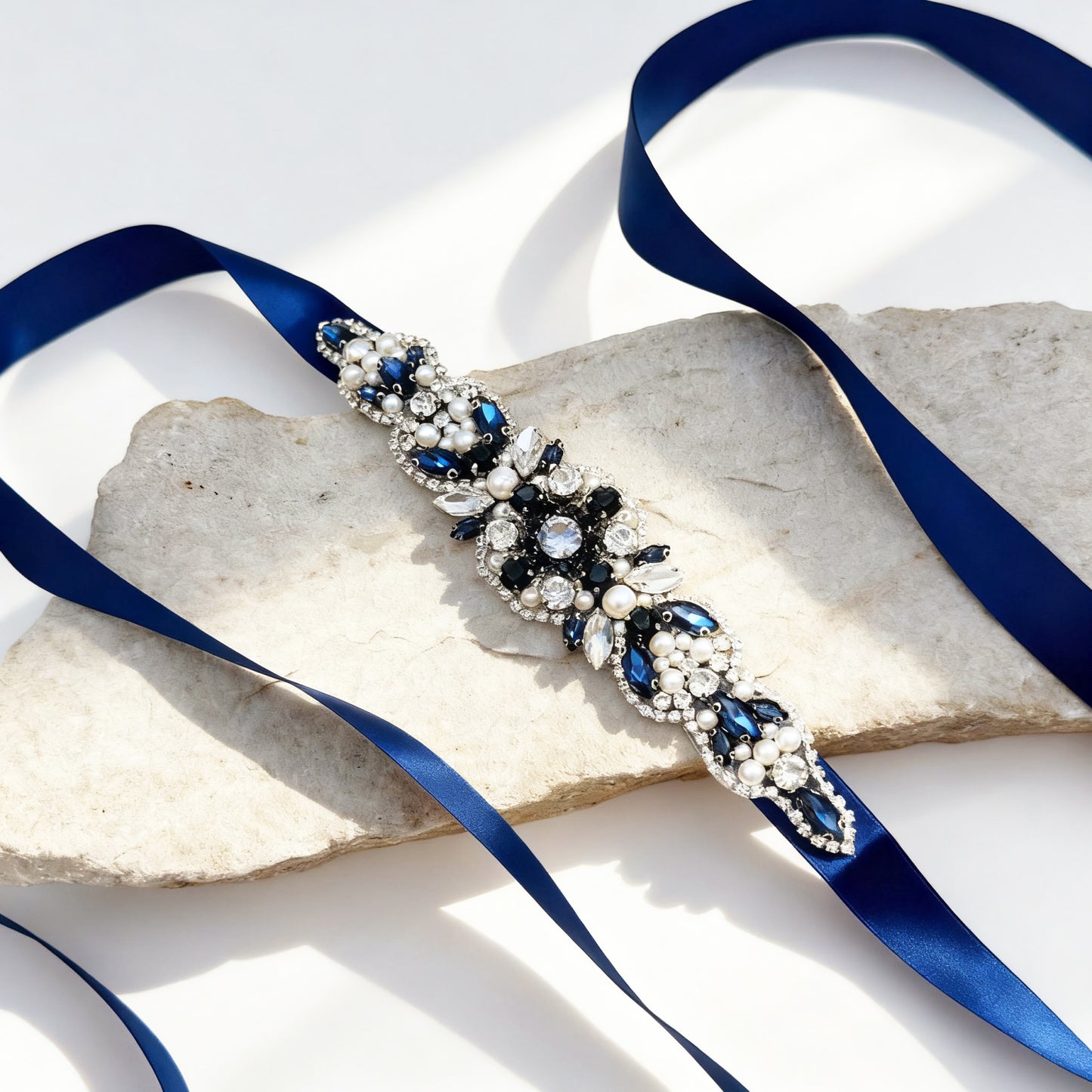 Navy Rhinestone Belt - Bridella BS162ML