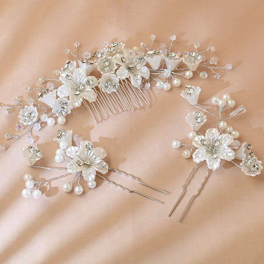 Pearl, Flower, Three Piece, Bride Headpiece Wedding