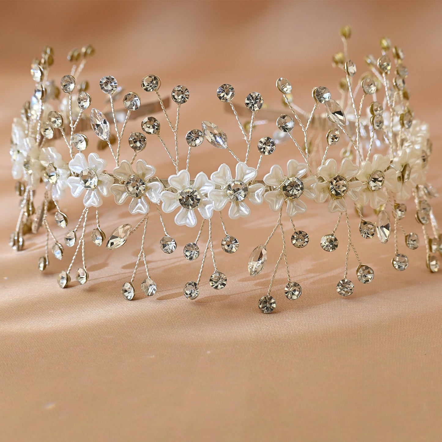 Bridella BHP543-S Silver Rhinestone & Flower Headband