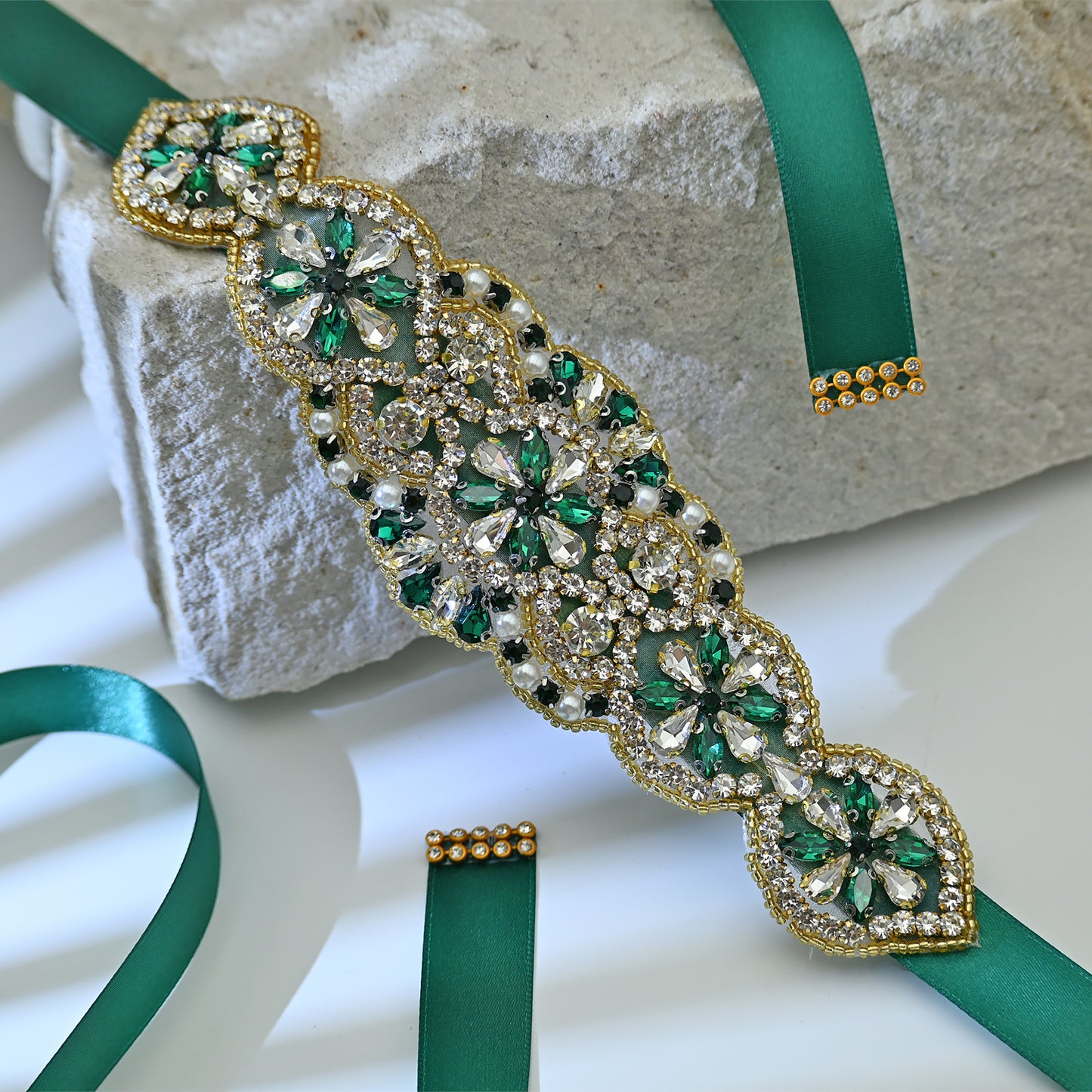 Bridella BS94KL Green Rhinestone & Pearl Belt