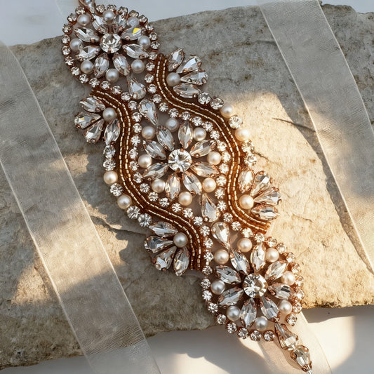 BS05RG rose gold rhinestone pearl belt
