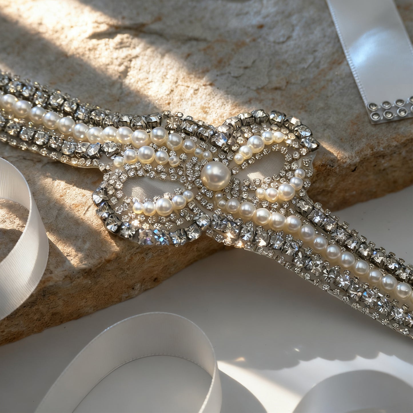 Bridella BS54 White Rhinestone & Pearl Belt