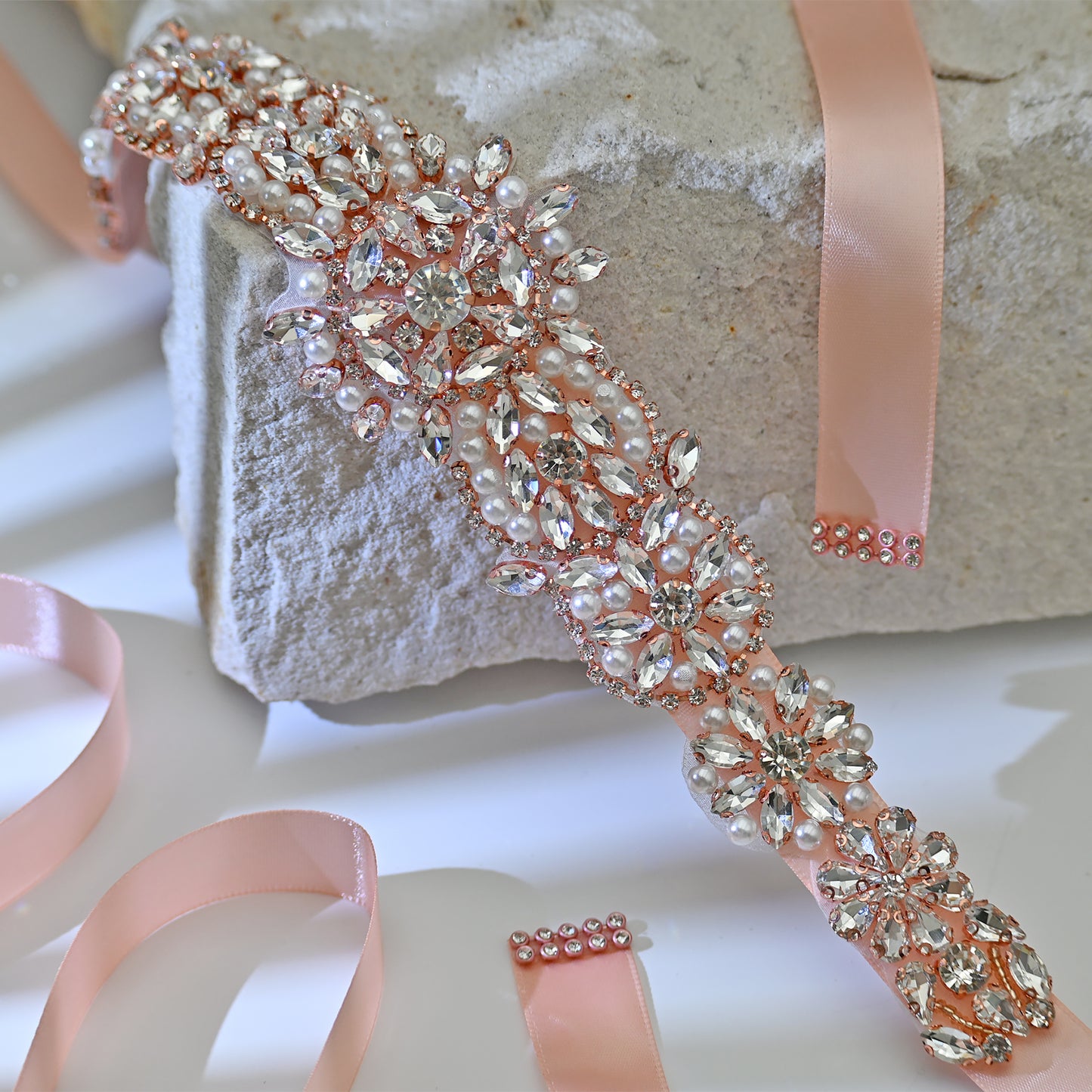 Bridella BS445RG-Retro Pink Rose Gold Rhinestone Pearl Belt