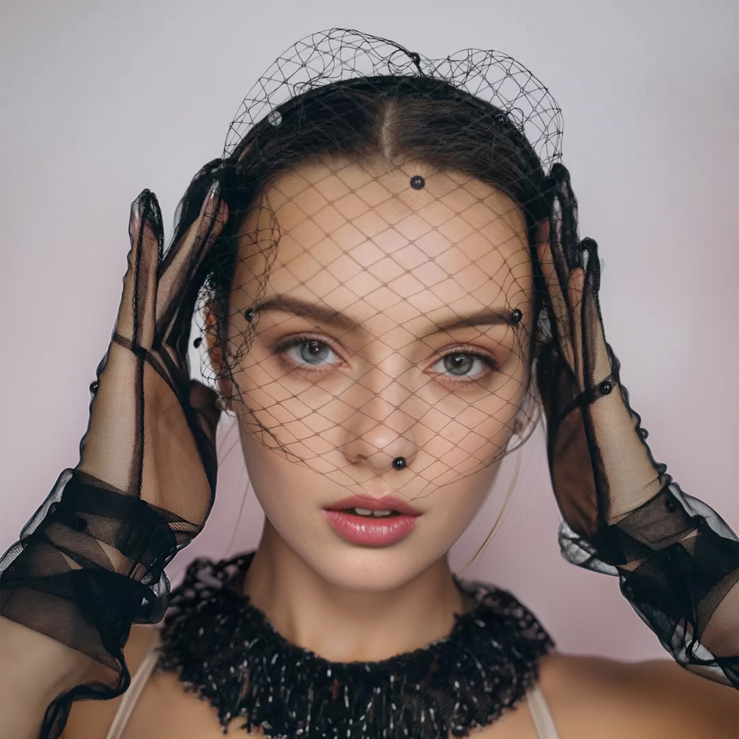 Black Pearl Birdcage Bridal Veil Gothic Wedding Veil - Bridella BMA35