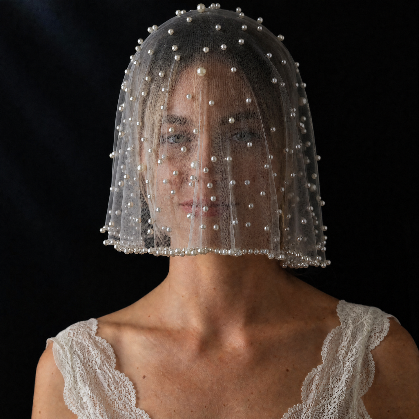 White Pearl Mesh Bridal Face Veil Short for Wedding - Bridella MA09-I